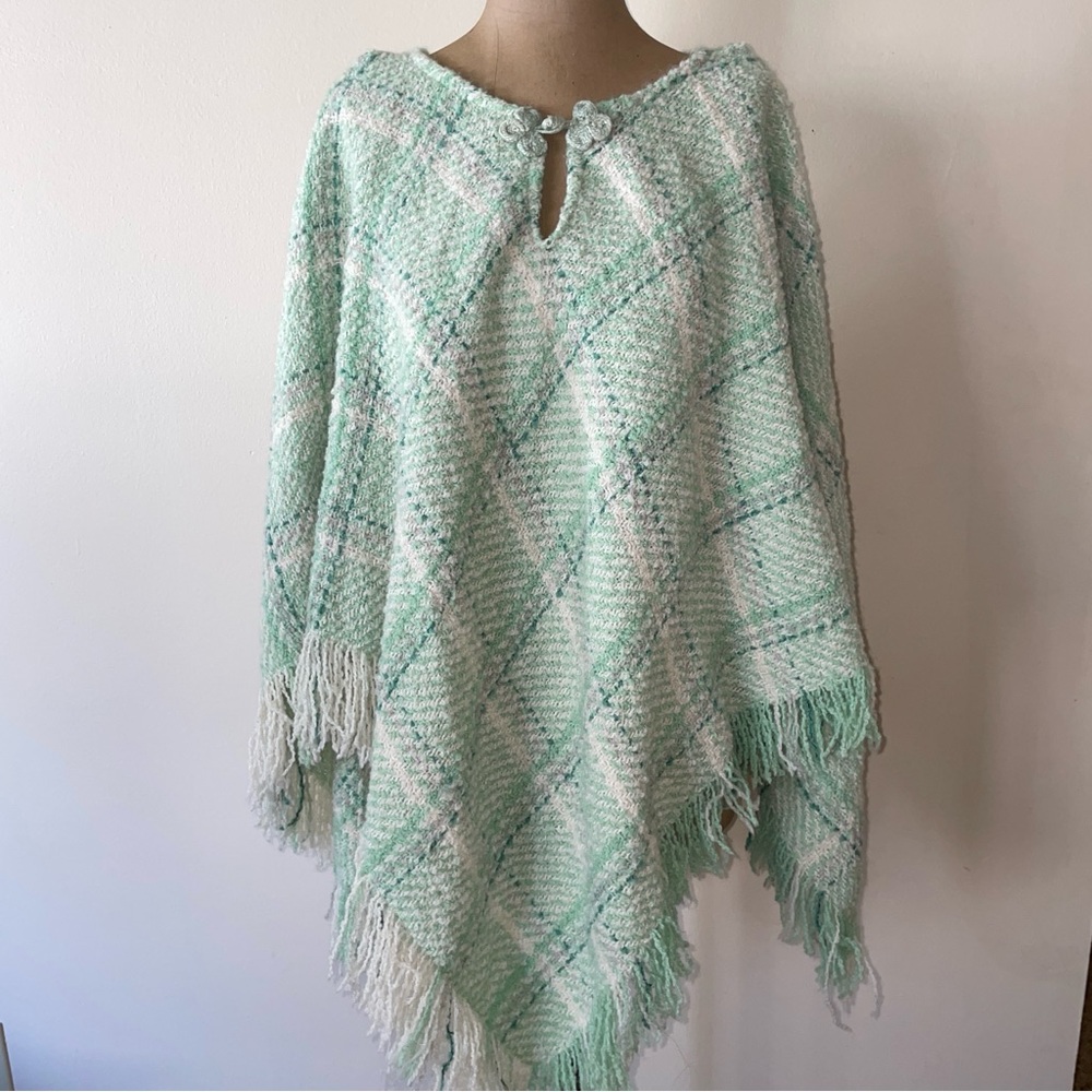 Light‎ Mint Fringe Knit Poncho Sweater-Boyne Valley Weavers-